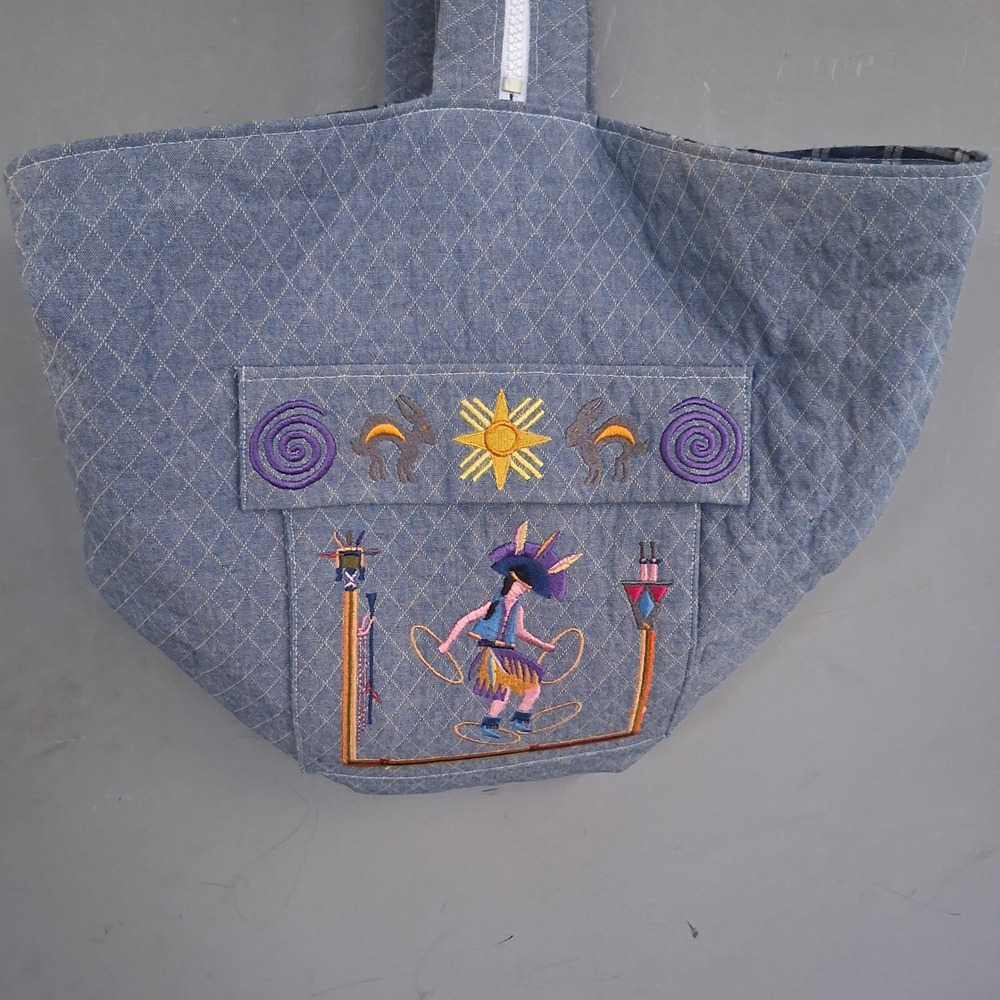 Quilted Denim Southwestern Embroidered Bag Celestial Hoop Dancer Sun Rabbit Blue